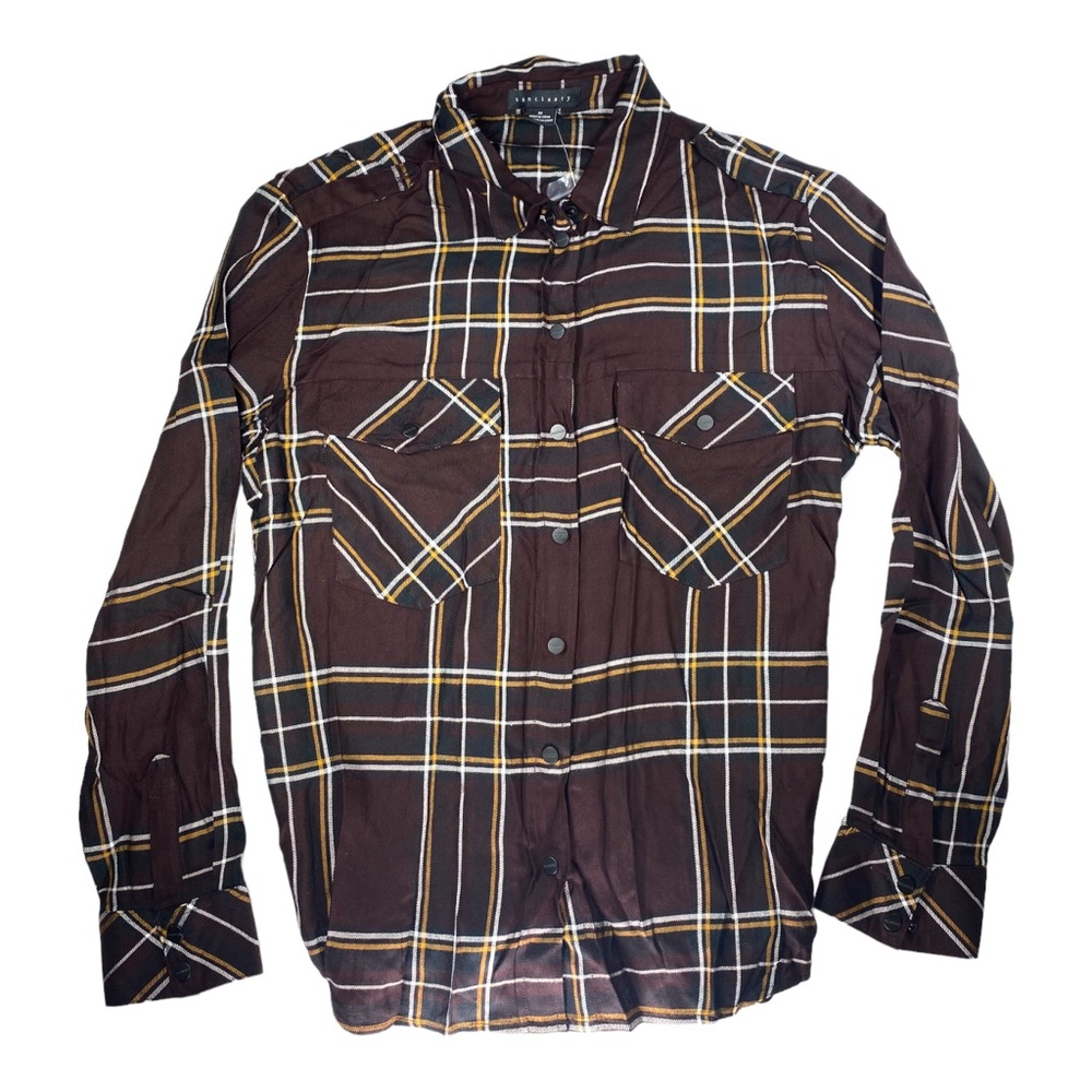 Sanctuary Boyfriend for Life Button Up Shirt Size Medium Brown Plaid Long Sleeve